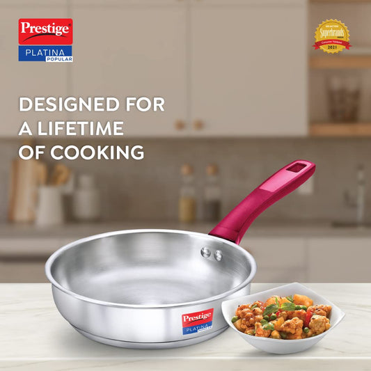 Prestige Platina Popular Stainless Steel Fry Pan, Red Handle