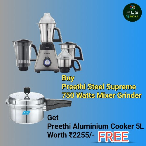 Preethi Steel Supreme 750 Watts Mixer Grinder Combo Pack(5 L Aluminium Cooker)